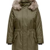 Olivengrøn parkacoat med pelsbeklædt hætte og lommedetaljer i plusstørrelse.