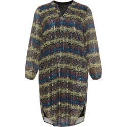 Plussize palietkjole i løstsiddende stil med farvestrålende print og lange ærmer, egnet til festlige lejligheder. Fri fragt over 699 kr.