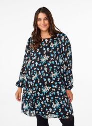 Plussize tunika med blomsterprint, lange ærmer og løs pasform i størrelserne 42-56, perfekt til både hverdag og fest.