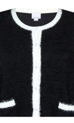 Sort cardigan med hvide kanter og knapper