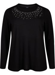 Sort langærmet bluse med glitrende sten dekoration nær halsudskæringen, plussize mode.