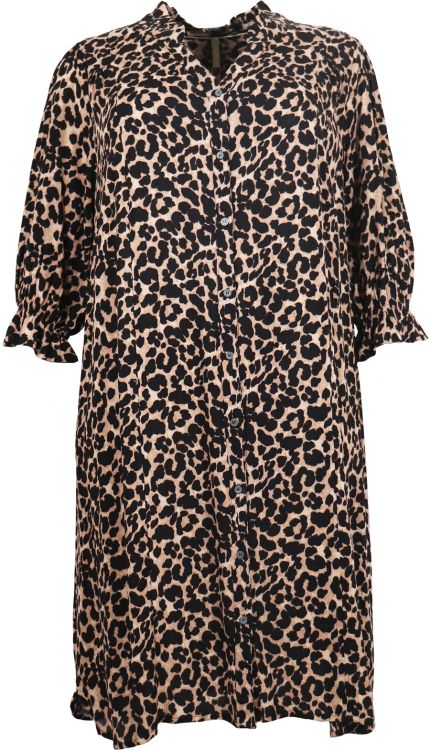Plussize leopardmønstret skjortekjole med knapper og 3/4-ærmer til moderne hverdagstøj.