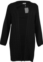Sort, langærmet cardigan med kabelstrikdetaljer og åben front, præsenteret på en hvid baggrund.