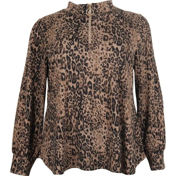 Leopardmønstret bluse med ståkrave og lynlåsdetalje, i plussize mode.