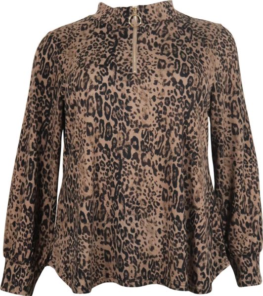 Plussize bluse med leopardprint og lynlås ved halsen, trendy design, velegnet til moderne hverdagsgarderobe.