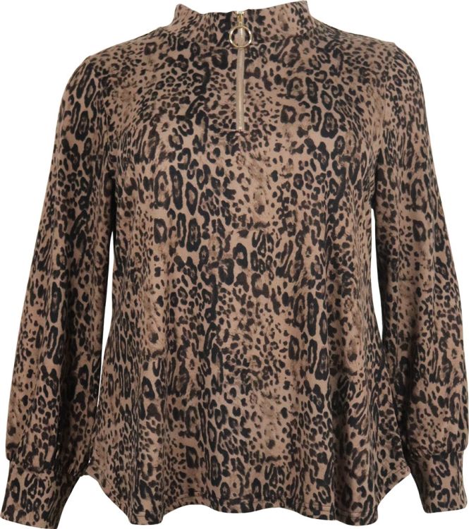 Plussize bluse med leopardprint og lynlås ved halsen, trendy design, velegnet til moderne hverdagsgarderobe.