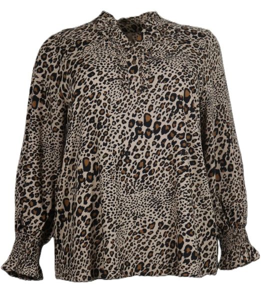Leopardprintet bluse i plussize med krave og lange ærmer, ideel til både hverdags- og festbrug.