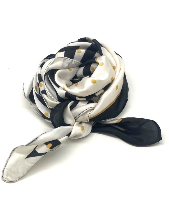 Sort og hvid mønstret tørklæde med guld prikker, elegant tilbehør til plussize mode.