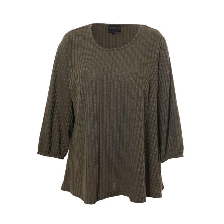 Studio plussize olivengrøn bluse med glimmer og trekvartærmer, velegnet til både hverdag og fest.