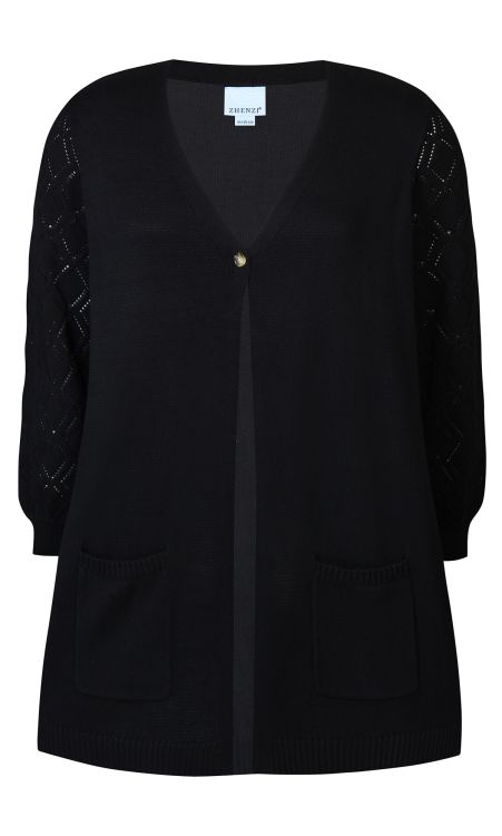 Sort plussize cardigan med V-hals, dekorative mønstre på ærmerne og forlommer, designet af Zhenzi.