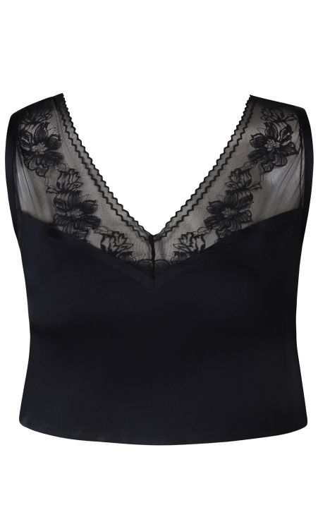 Sort top med blonder i V-udskæring og sarte mønstre, ideel til stilfuldt plussize outfit.