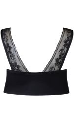 Sort bluse med gennemsigtige blonder og bånddetaljer, velegnet til modebevidste plussize garderober.