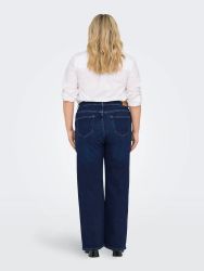Plussize mørkeblå jeans med kontrast syninger og høj talje, vist bagfra på en ren hvid baggrund.