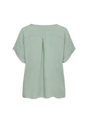 Lysegrøn plussize bluse med korte ærmer og rygdetalje. Moderne og stilfuld til hverdag eller arbejde.