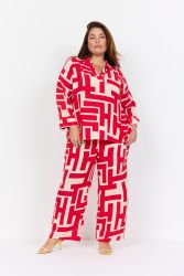 Geometrisk mønster plussize sæt med løstsiddende bukser og matchende skjorte i rød og hvid, stilfuldt og moderne til afslappede og formelle begivenheder.