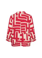 Rød og beige mønstret jakke i plussize med grafisk print, trekvartærmer og åben fortil. Ideal til både hverdag og kontorbrug.