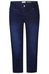 Plussize mørkeblå jeans i straight fit med klassiske fem-lommer detaljer, velegnet til hverdag og arbejde.