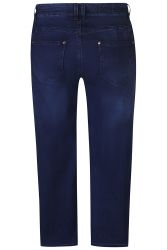 Mørkeblå plussize jeans med lige ben og diskret logo på baglommen, ideelle til hverdagsbrug.