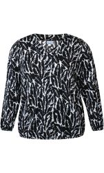 Moderne sort-hvid printet bluse i plussize med trekvartærmer, ideel til både hverdag og kontor. Stilfuld til enhver lejlighed.