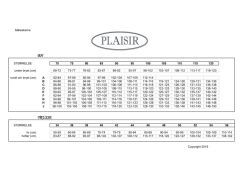 Størrelsesguide for plussize undertøj fra mærket Plaisir, med detaljer af målinger for både BH og trusser.