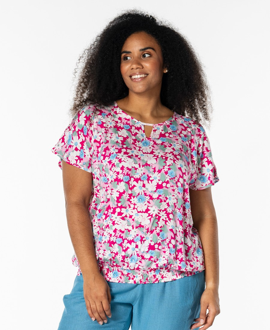 Camilla Bluse fra Studio – Blomsterprint i friske farver - størrelse XL (54-56)