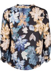 Elegant blomstret bluse med lange ærmer og en mørk baggrund, perfekt til plus size garderoben. Ideel til kontor eller hverdag.