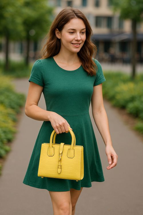 Gul krokodillepræget håndtaske i læderlook med aftagelig skulderrem og detaljer i guld.