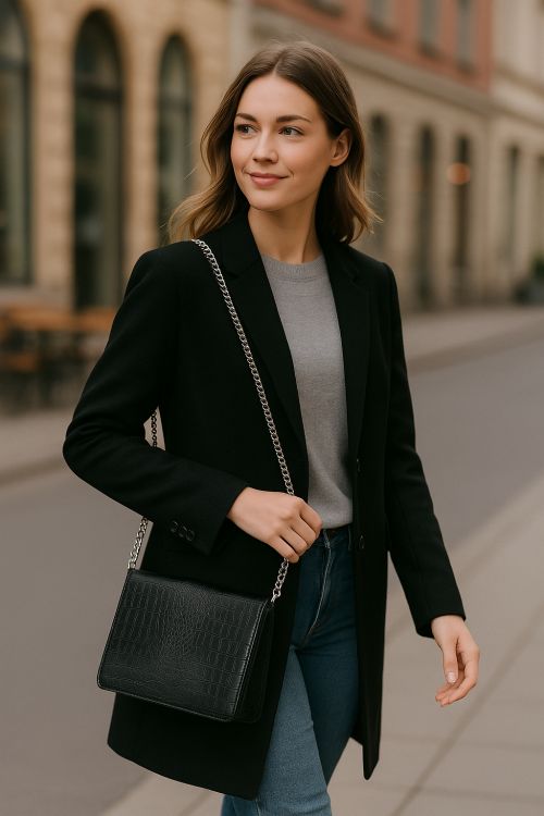 skuldertaske i ægte skind med flot kroko præg