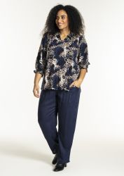 Navy bluse med sandfarvede detaljer og V-hals