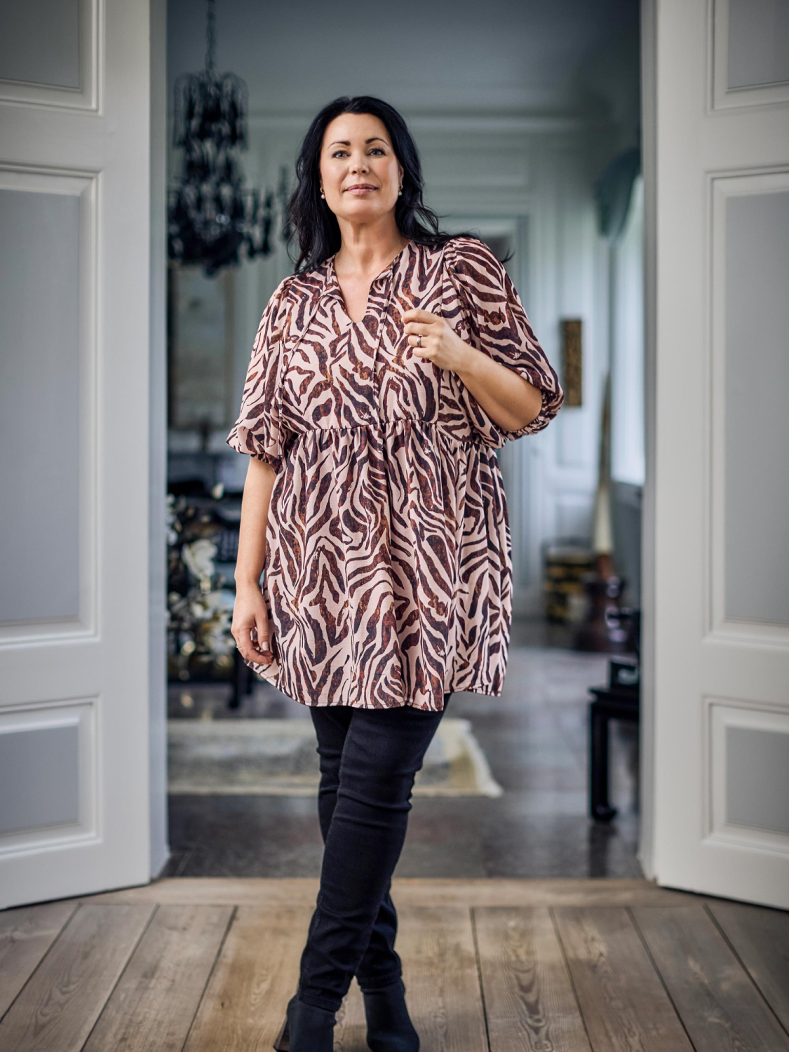 Zoey Demi tunika i let stof med rosa/brun zebraprint - størrelse XL (54-56)