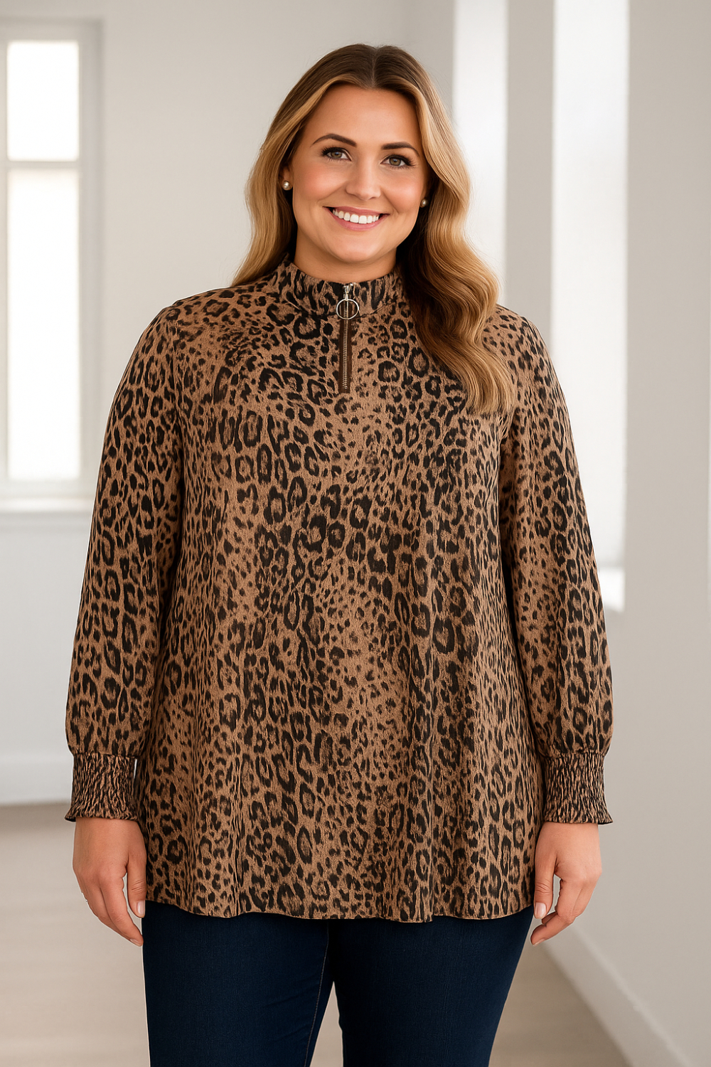 Fenjane Leopardprintet bluse fra Cassiopeia med stilfulde detaljer - størrelse M (46-48)