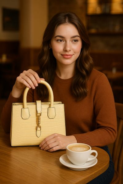 Gul krokodillepræget håndtaske i læderlook med aftagelig skulderrem og detaljer i guld.