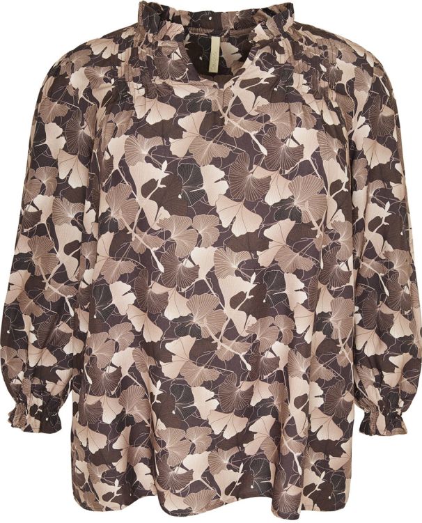 Cassiopeia Laurine Bluse i viskosekvalitet med brunt bladmønster og lange ærmer