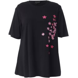 Bella T-shirt i sort med feminint pink blomsterprint
