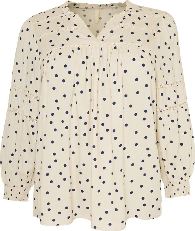 Sandfarvet prikket Dimilla bluse i viskose fra Cassiopeia med lange ærmer