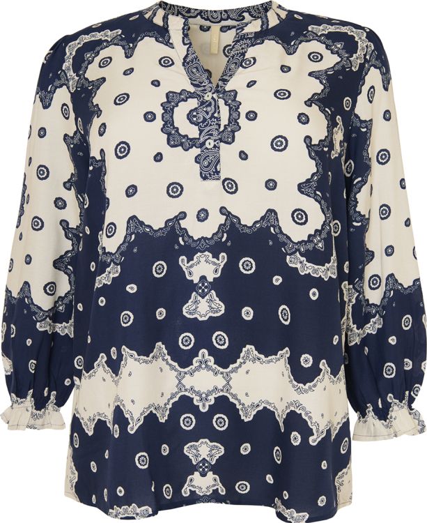 Plus size Scartilla bluse i blå kombi fra Cassiopeia med V-udskæring og løs pasform