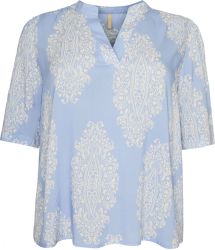 Plus size Odessa bluse i blå kombi med V-udskæring og løs pasform