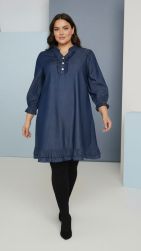 Dinelly denim tunika med flæsekant og V-hals