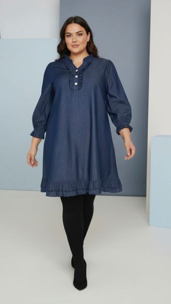 Dinelly denim tunika med flæsekant og V-hals