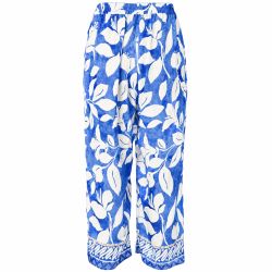 Blå bukser med flot print og løs silhuet