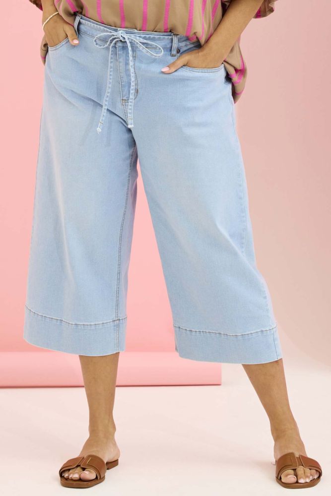 Zhenzi Rupi jeans lyse denim culotte med bindebånd