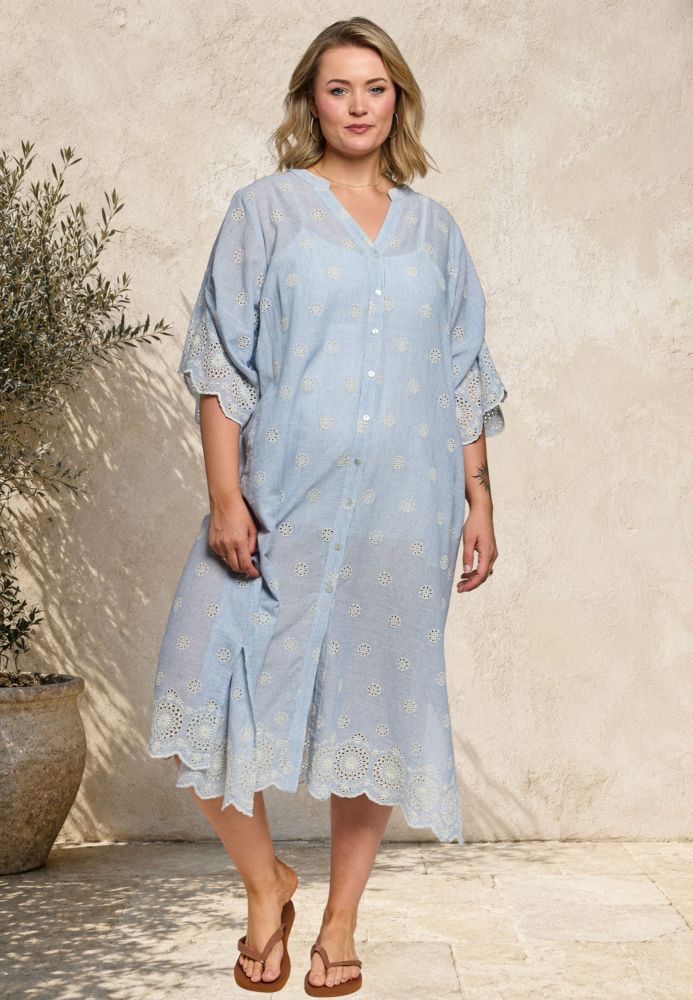 Gozzip Lucia kjole blå bomuld med broderi plus size