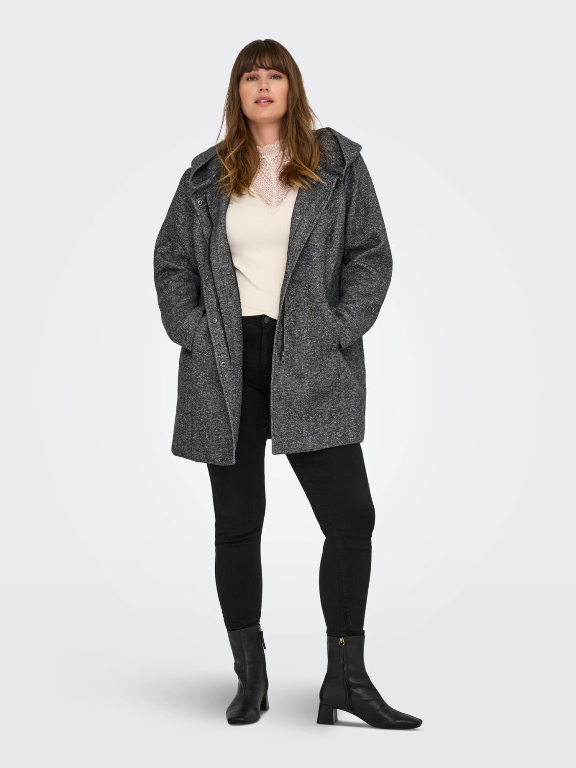 Only Carmakoma CarSedona Light Coat mørkegrå melange forfra