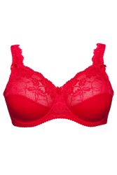 Rød blonde-BH i plussize med bøjle og blødt forede skåle, designet for optimal støtte og komfort.