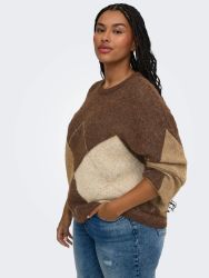 Brun og beige plus size strikbluse med uld