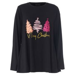 Sort Studio bluse med julemotiv og lange ærmer
