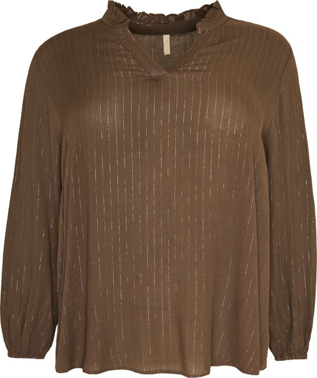 Brun Cassiopeia bluse med feminin V-hals og flæsekant