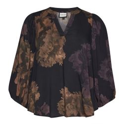 Sort viskosebluse med store blomster og vide ærmer